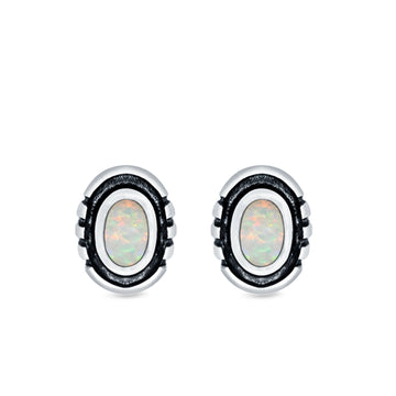 Oval Stud Earrings Lab Created White Opal 925 Sterling Silver (8.5mm)